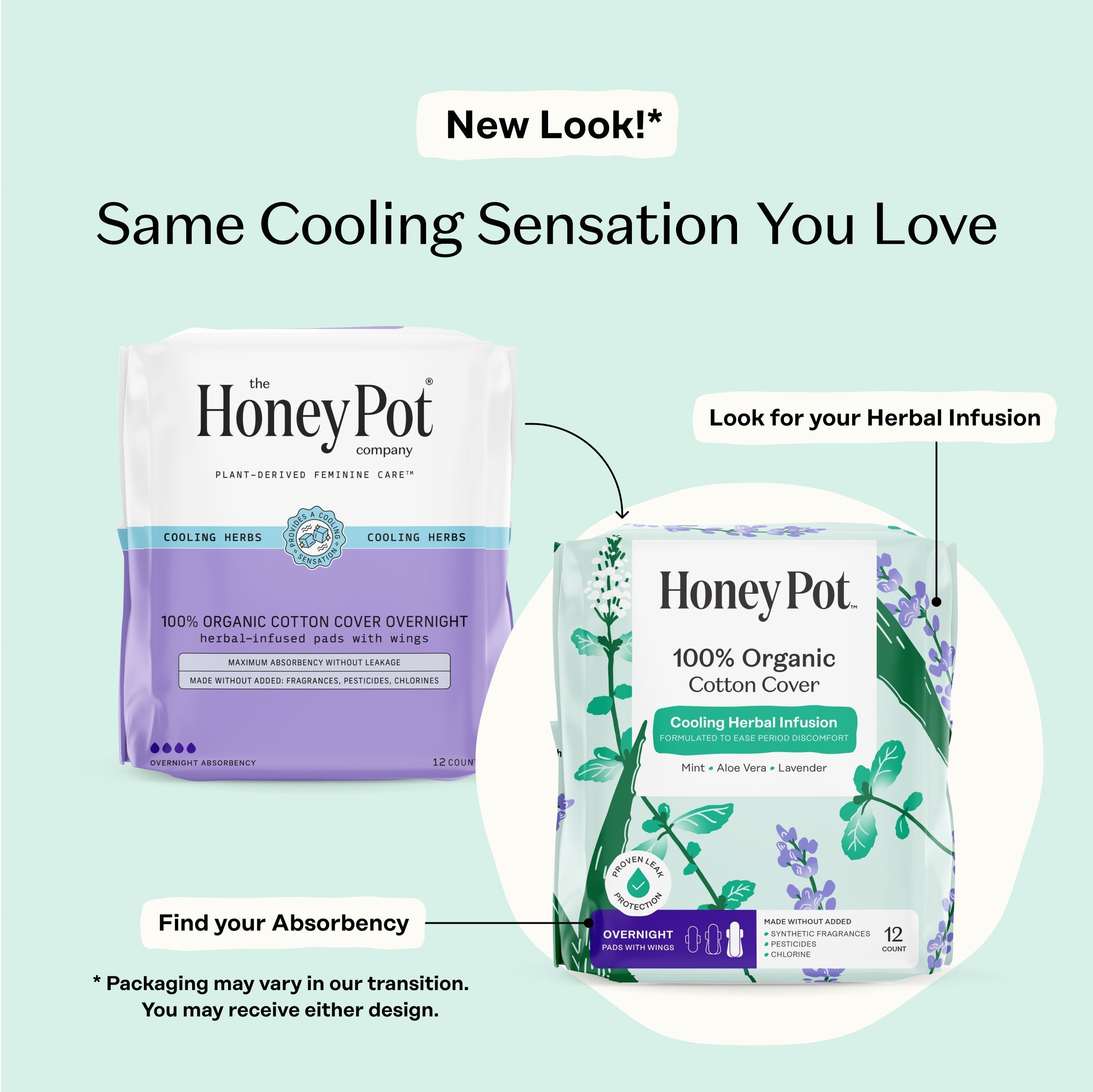 Organic Cotton Cover Cooling Herbal Infusion Overnight Pads (2VFC)