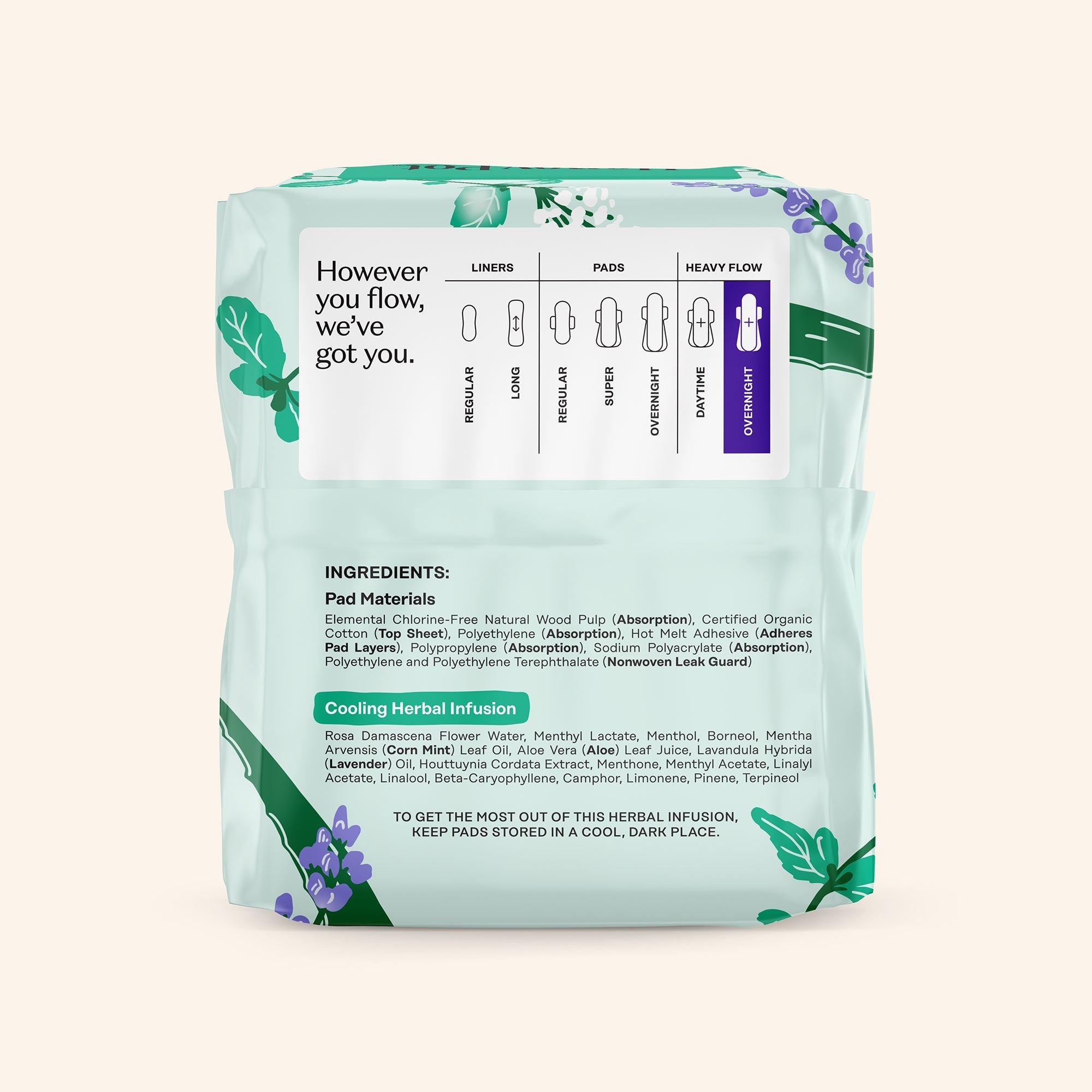 Organic Cotton Cover Cooling Herbal Infusion Heavy Flow Overnight Pads (BSF8)