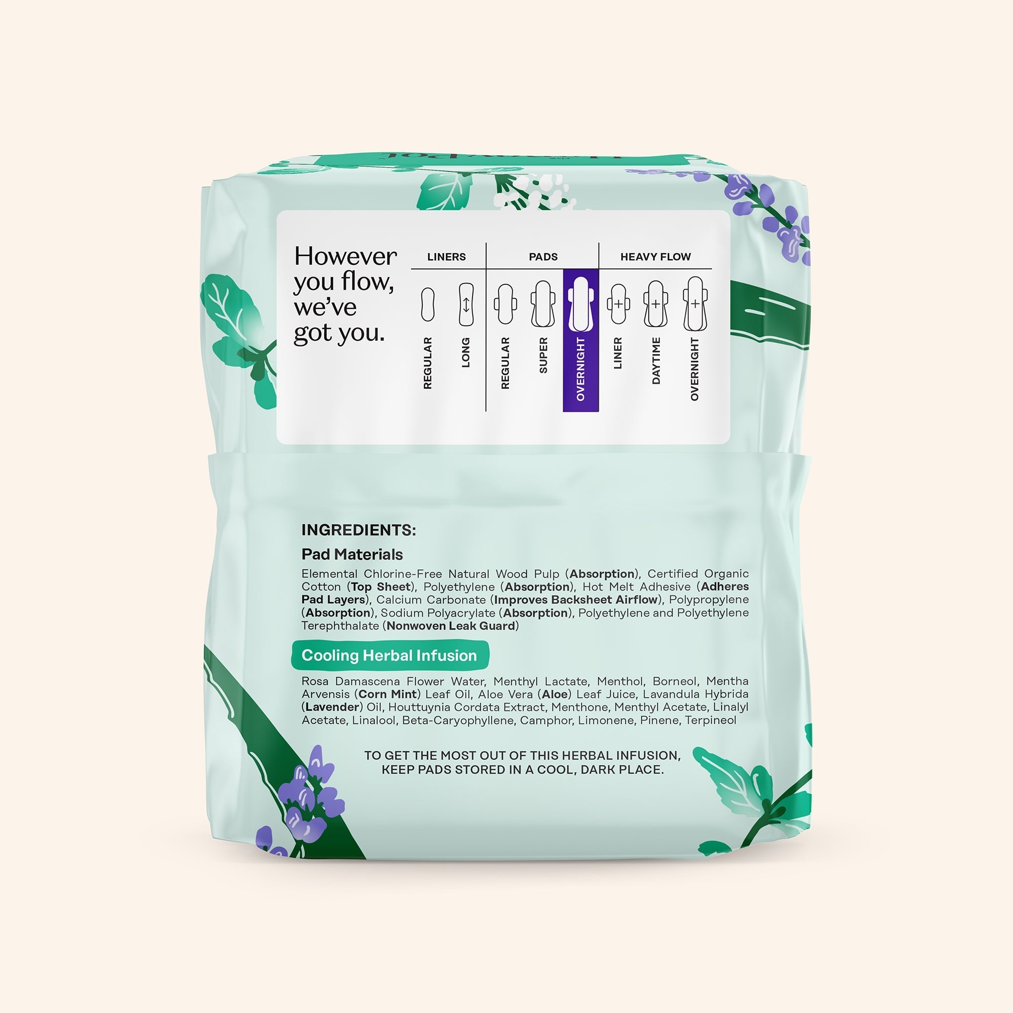 Organic Cotton Cover Cooling Herbal Infusion Overnight Pads (2VFC)