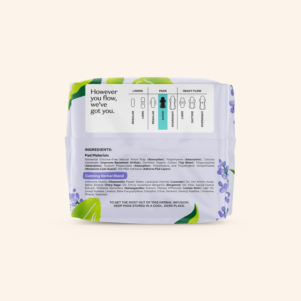 Organic Cotton Cover Calming Herbal Infusion Super Pads With Wings (Q306)