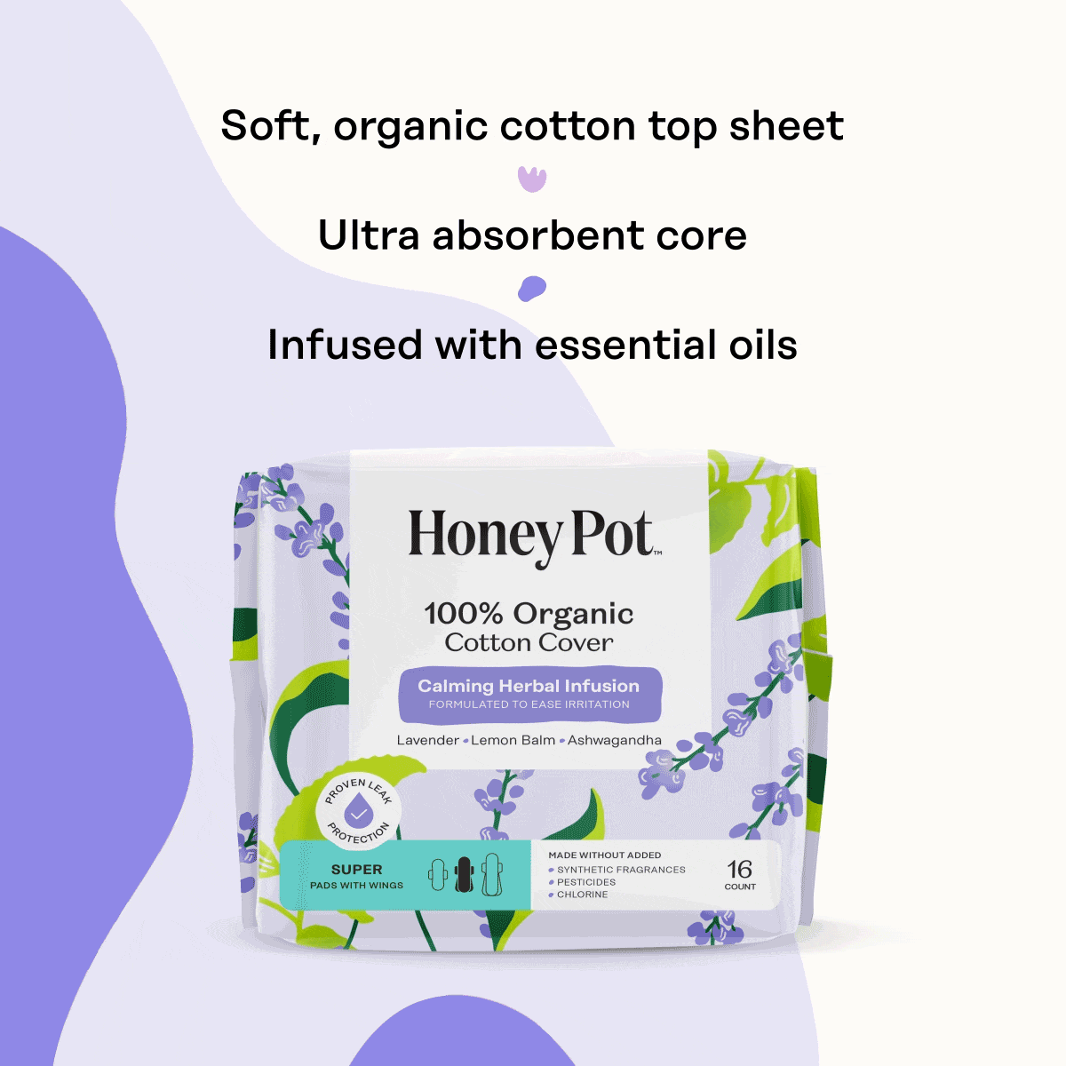 Organic Cotton Cover Calming Herbal Infusion Super Pads With Wings (Q306)