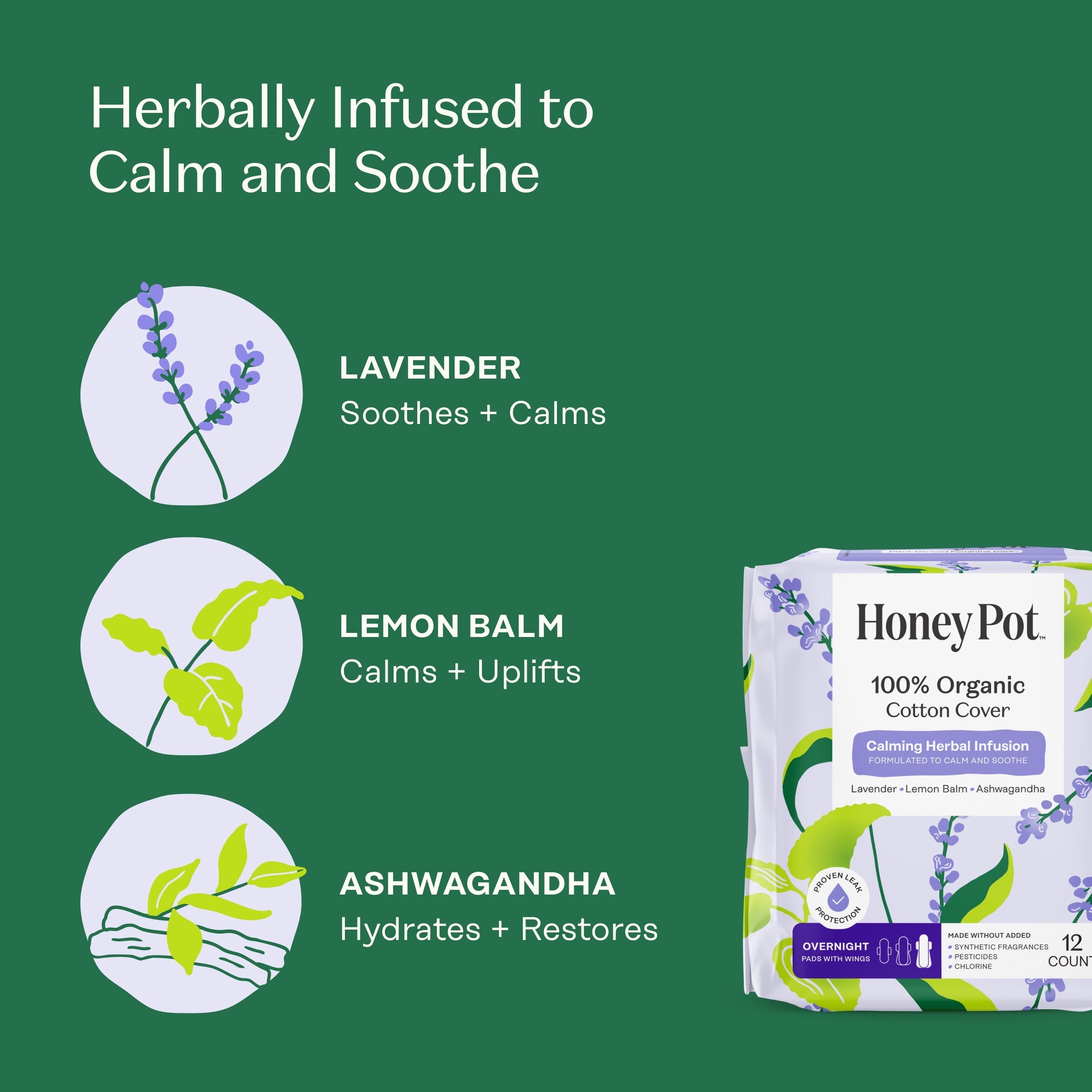 Organic Cotton Cover Calming Herbal Infusion Overnight Pads With Wings (2O7K)