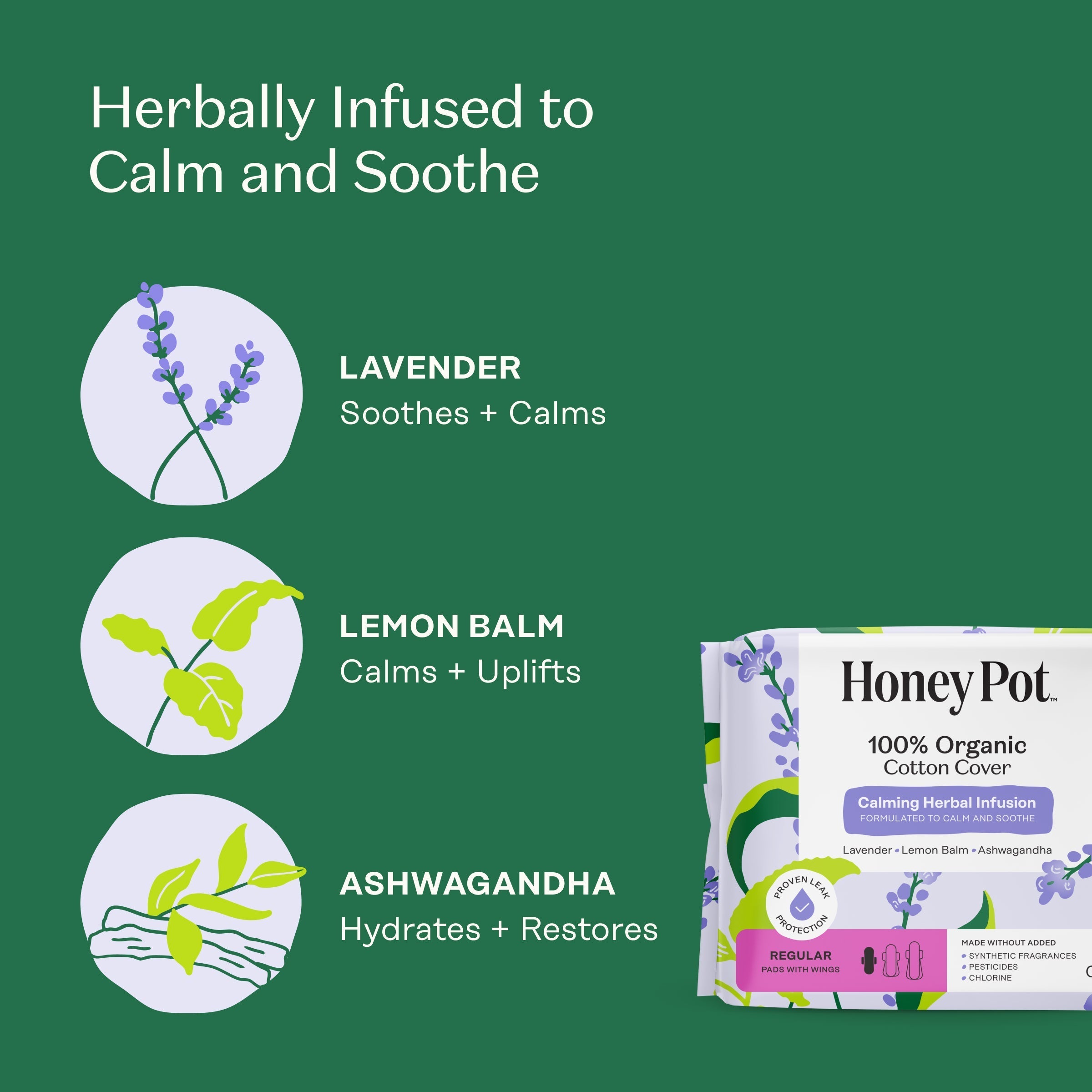 Organic Cotton Cover Calming Herbal Infusion Regular Pads With Wings (DLN0)